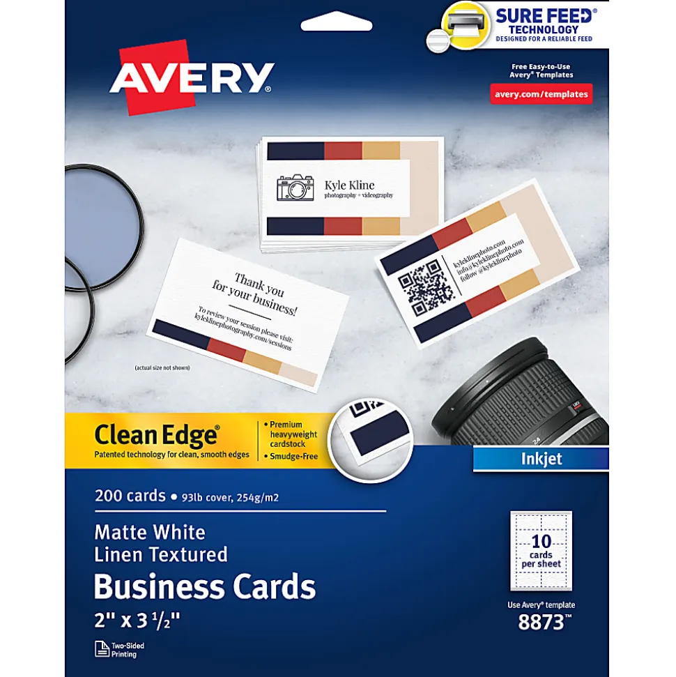 Avery® Printable Clean Edge® Business Cards With Sure Feed® Technology For Inkjet Printers, 2" x 3-1/2", White Linen Textured, Pack Of 200 Blank Cards