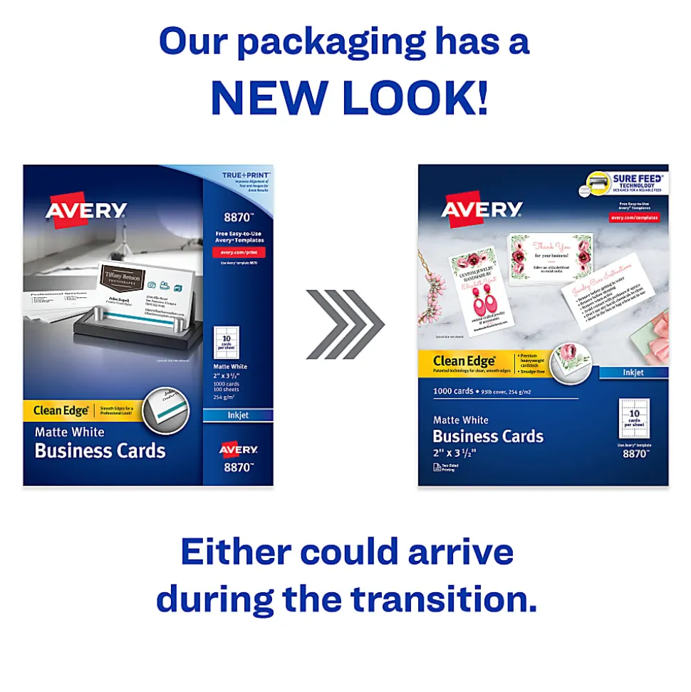 Avery® Printable Clean Edge® Business Cards With Sure Feed® Technology For Inkjet Printers, 2" x 3-1/2", White, Pack Of 1,000 Blank Cards