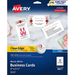 Avery® Printable Clean Edge® Business Cards With Sure Feed® Technology For Inkjet Printers, 2" x 3-1/2", White, Pack Of 200 Blank Cards
