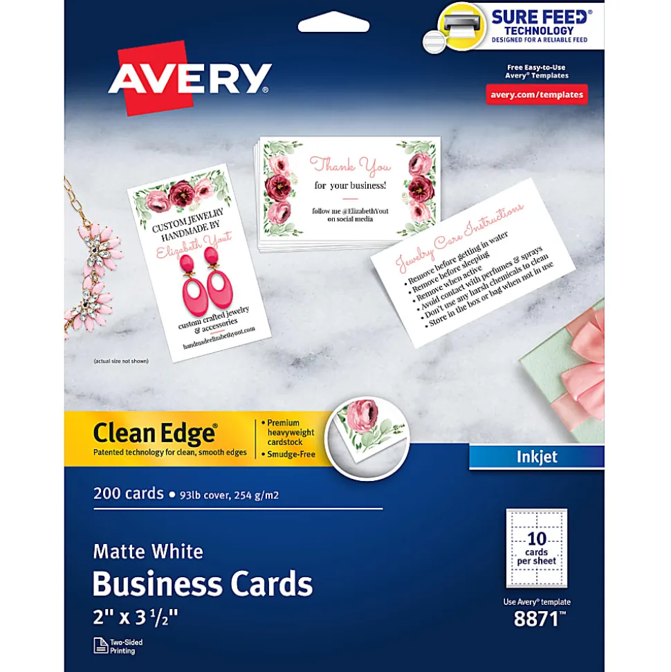 Avery® Printable Clean Edge® Business Cards With Sure Feed® Technology For Inkjet Printers, 2" x 3-1/2", White, Pack Of 200 Blank Cards
