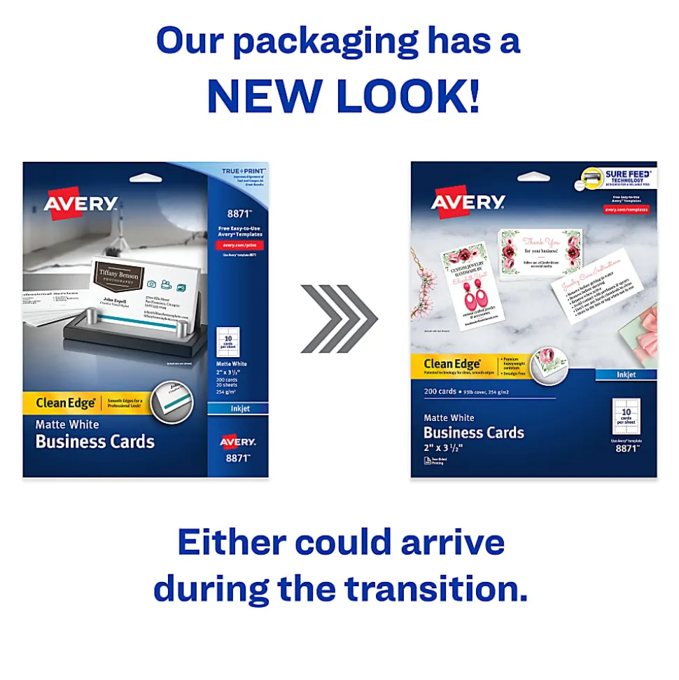 Avery® Printable Clean Edge® Business Cards With Sure Feed® Technology For Inkjet Printers, 2" x 3-1/2", White, Pack Of 200 Blank Cards