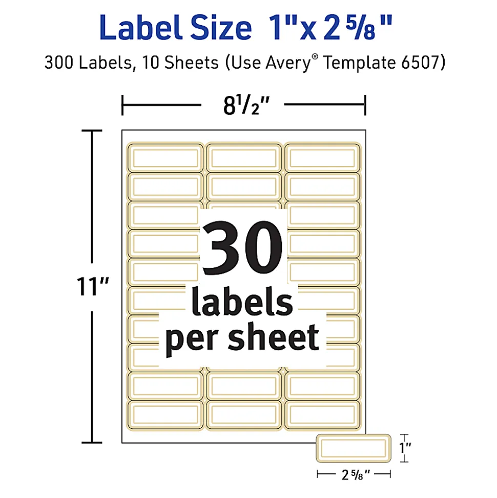 Avery® Printable Labels With Metallic Border, Rectangle, 1" x 2-5/8", Matte White, Pack Of 300