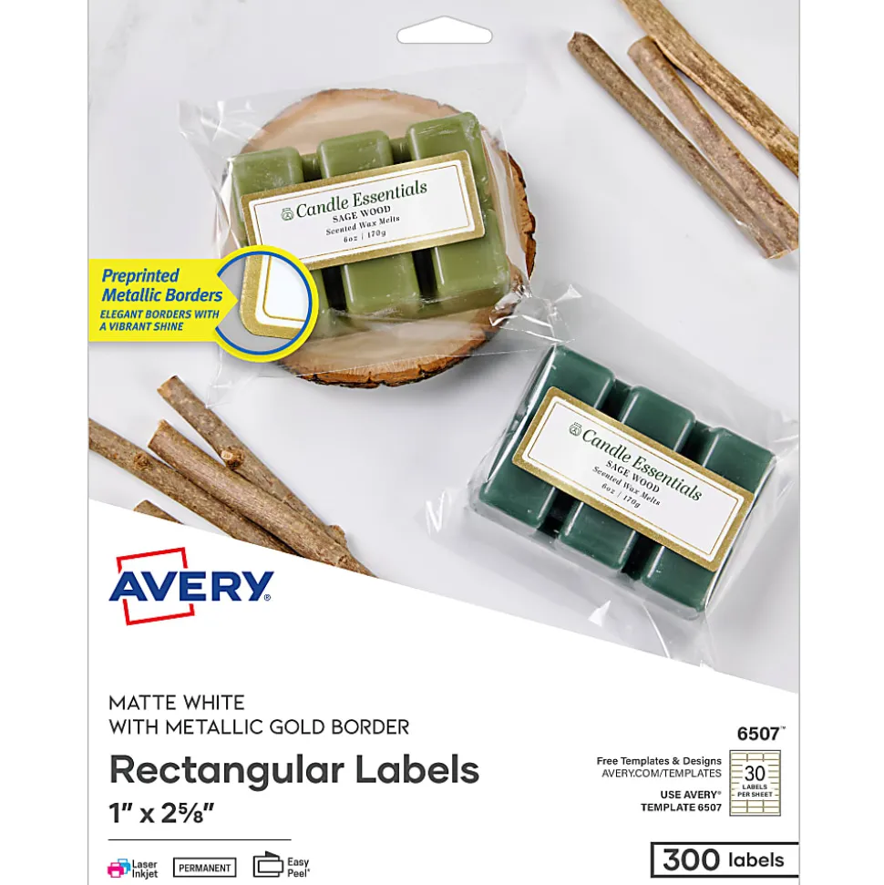 Avery® Printable Labels With Metallic Border, Rectangle, 1" x 2-5/8", Matte White, Pack Of 300