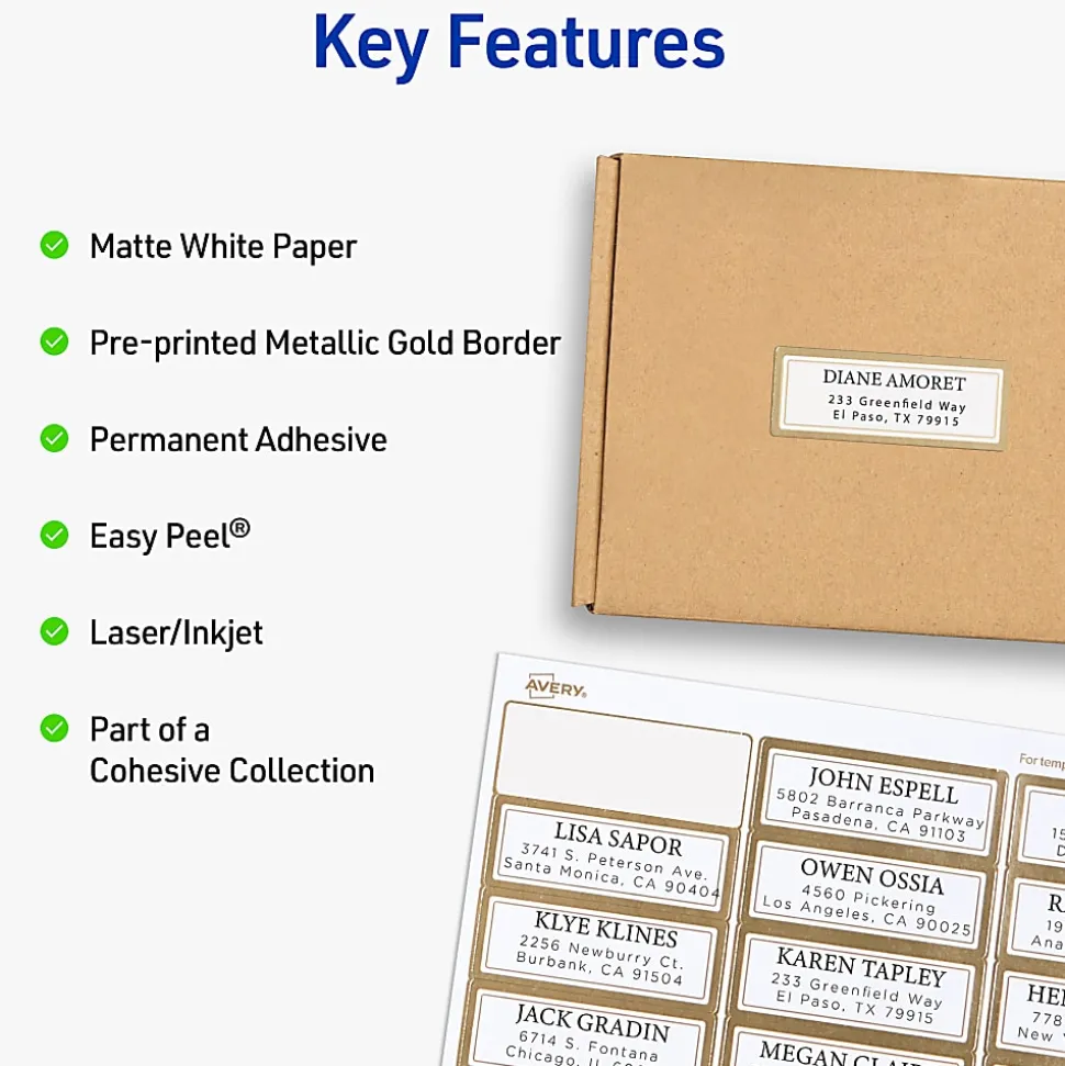 Avery® Printable Labels With Metallic Border, Rectangle, 1" x 2-5/8", Matte White, Pack Of 300