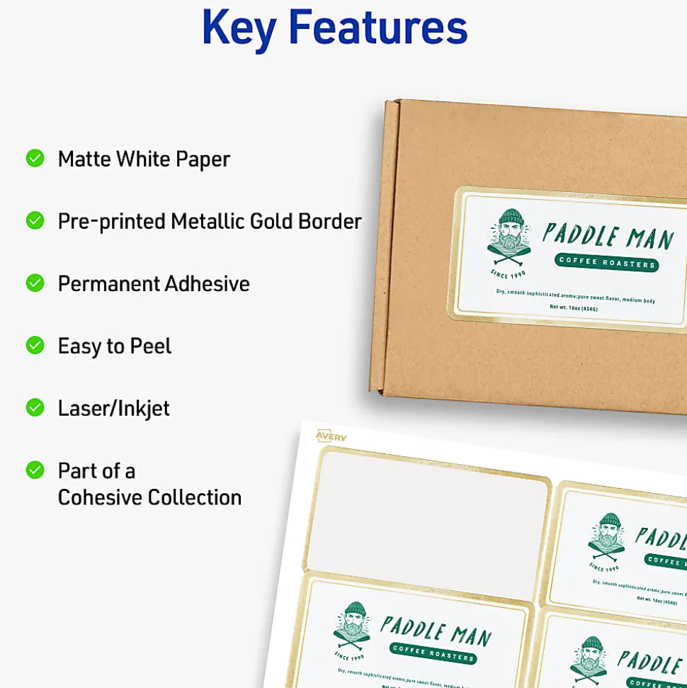 Avery® Printable Labels With Metallic Border, Rectangle, 2" x 4", Matte White, Pack Of 100