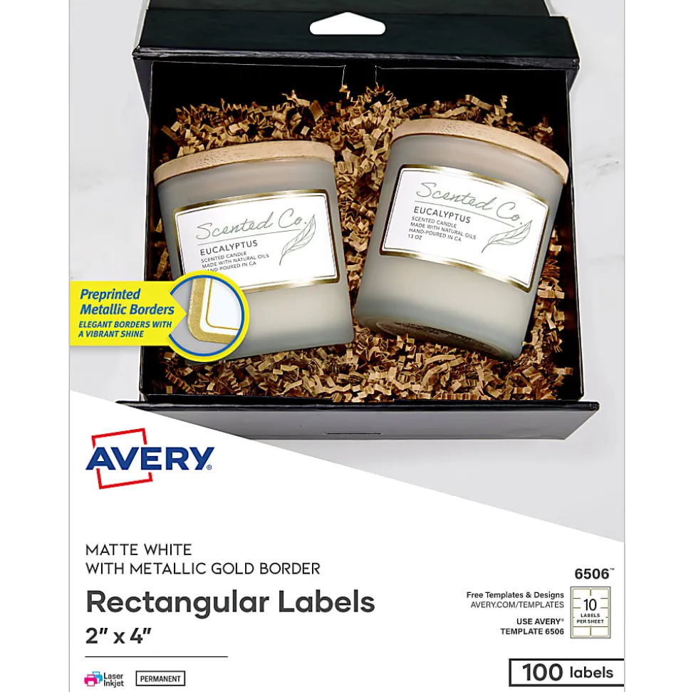 Avery® Printable Labels With Metallic Border, Rectangle, 2" x 4", Matte White, Pack Of 100