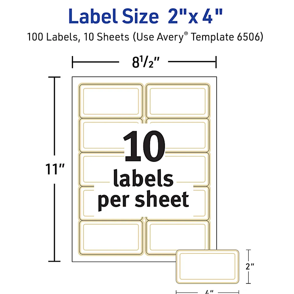 Avery® Printable Labels With Metallic Border, Rectangle, 2" x 4", Matte White, Pack Of 100