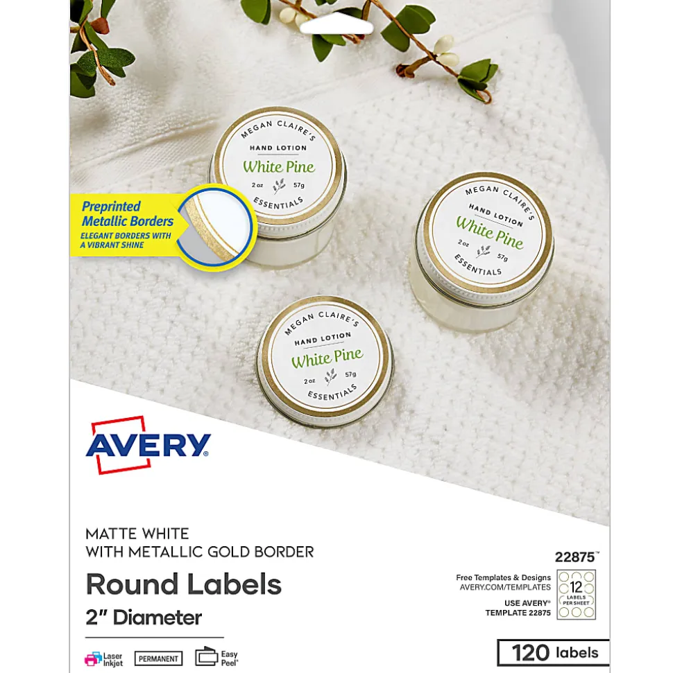 Avery® Printable Labels With Metallic Border, Round, 2" diameter, Matte White/Gold, Pack Of 120