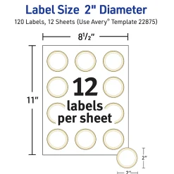 Avery® Printable Labels With Metallic Border, Round, 2" diameter, Matte White/Gold, Pack Of 120