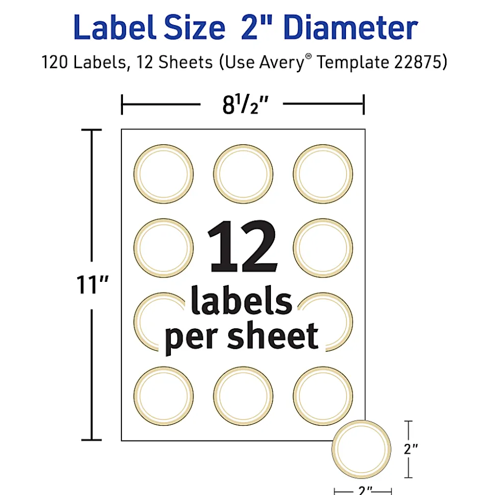 Avery® Printable Labels With Metallic Border, Round, 2" diameter, Matte White/Gold, Pack Of 120