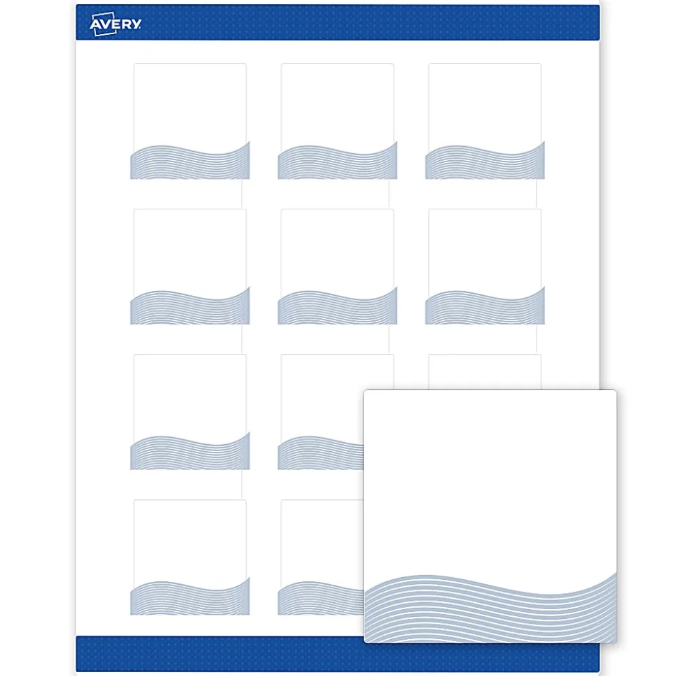 Avery® Printable Labels With Sure Feed® Technology, S00-ETW, Square, 2" x 2", Matte White With Preprinted Blue Waves Design, Pack Of 120