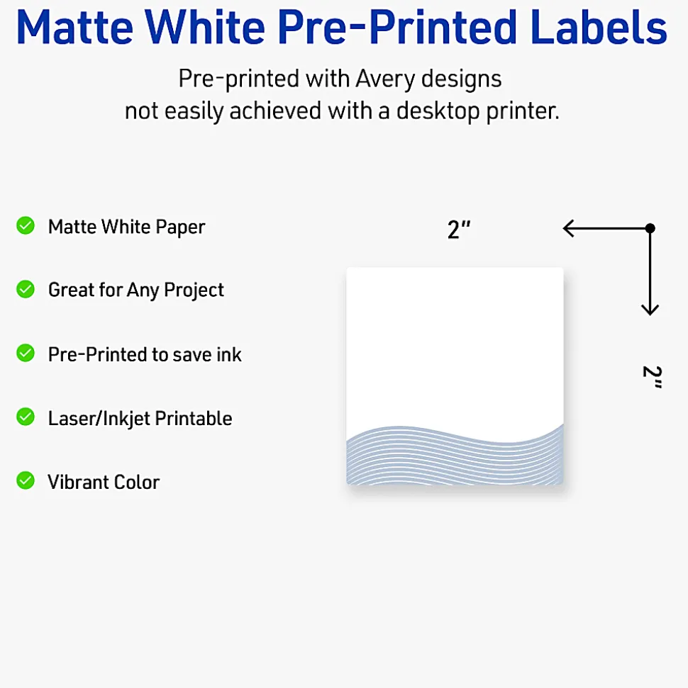 Avery® Printable Labels With Sure Feed® Technology, S00-ETW, Square, 2" x 2", Matte White With Preprinted Blue Waves Design, Pack Of 120