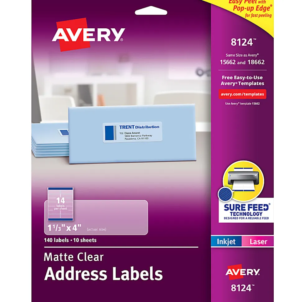 Avery® Printable Labels With Sure Feed®, Rectangle, 1-1/3" x 4", Matte Clear, Pack Of 140