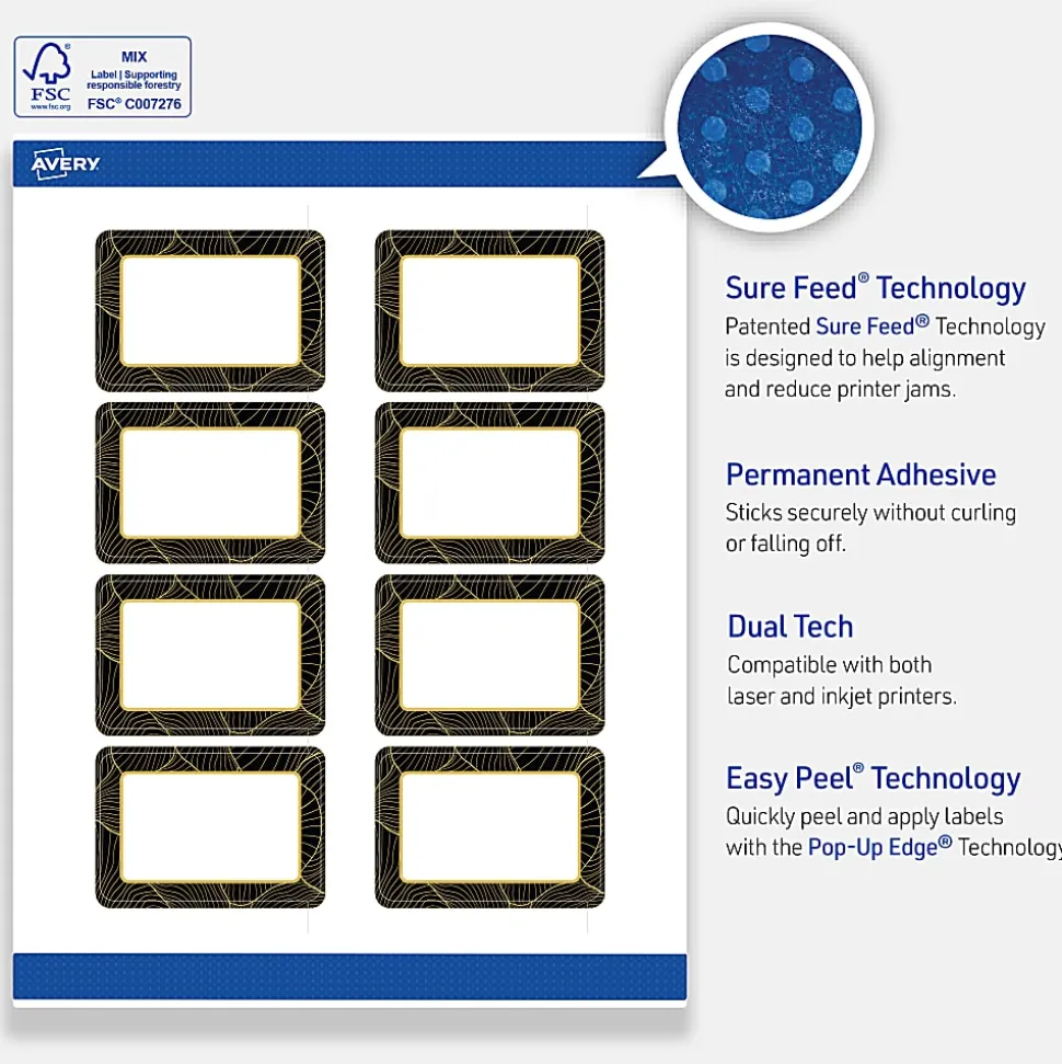 Avery® Printable Labels With Sure Feed® Technology, S00-ETH, Rectangle, 2" x 3", Matte White With Preprinted Black/Gold Vein Border, Pack Of 80