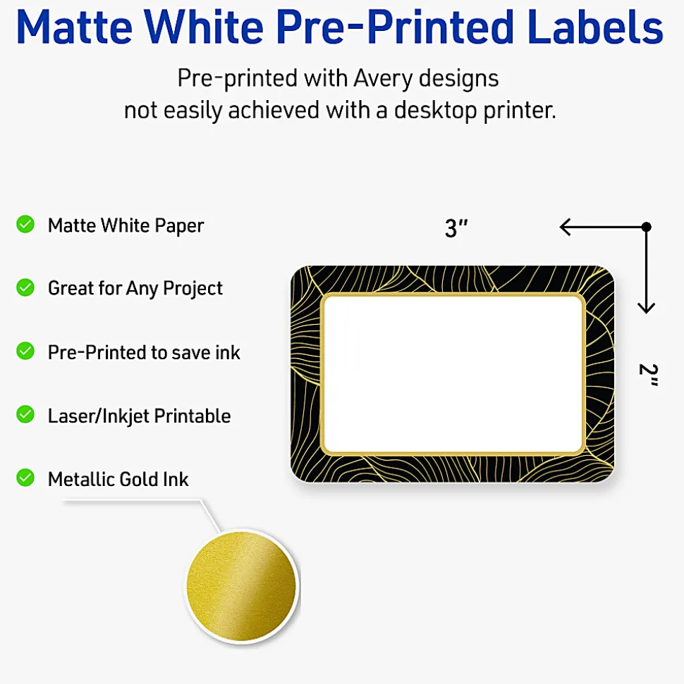 Avery® Printable Labels With Sure Feed® Technology, S00-ETH, Rectangle, 2" x 3", Matte White With Preprinted Black/Gold Vein Border, Pack Of 80