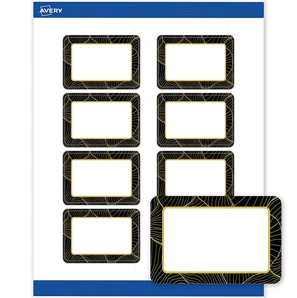 Avery® Printable Labels With Sure Feed® Technology, S00-ETH, Rectangle, 2" x 3", Matte White With Preprinted Black/Gold Vein Border, Pack Of 80