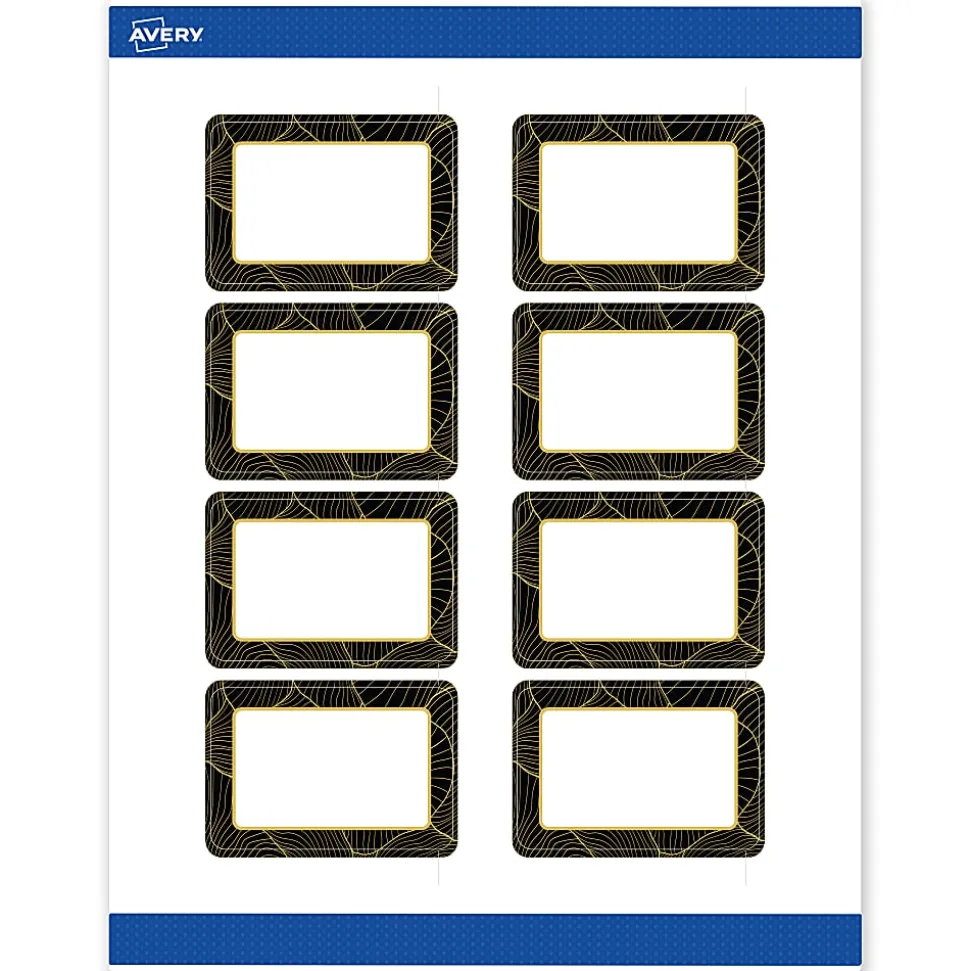 Avery® Printable Labels With Sure Feed® Technology, S00-ETH, Rectangle, 2" x 3", Matte White With Preprinted Black/Gold Vein Border, Pack Of 80