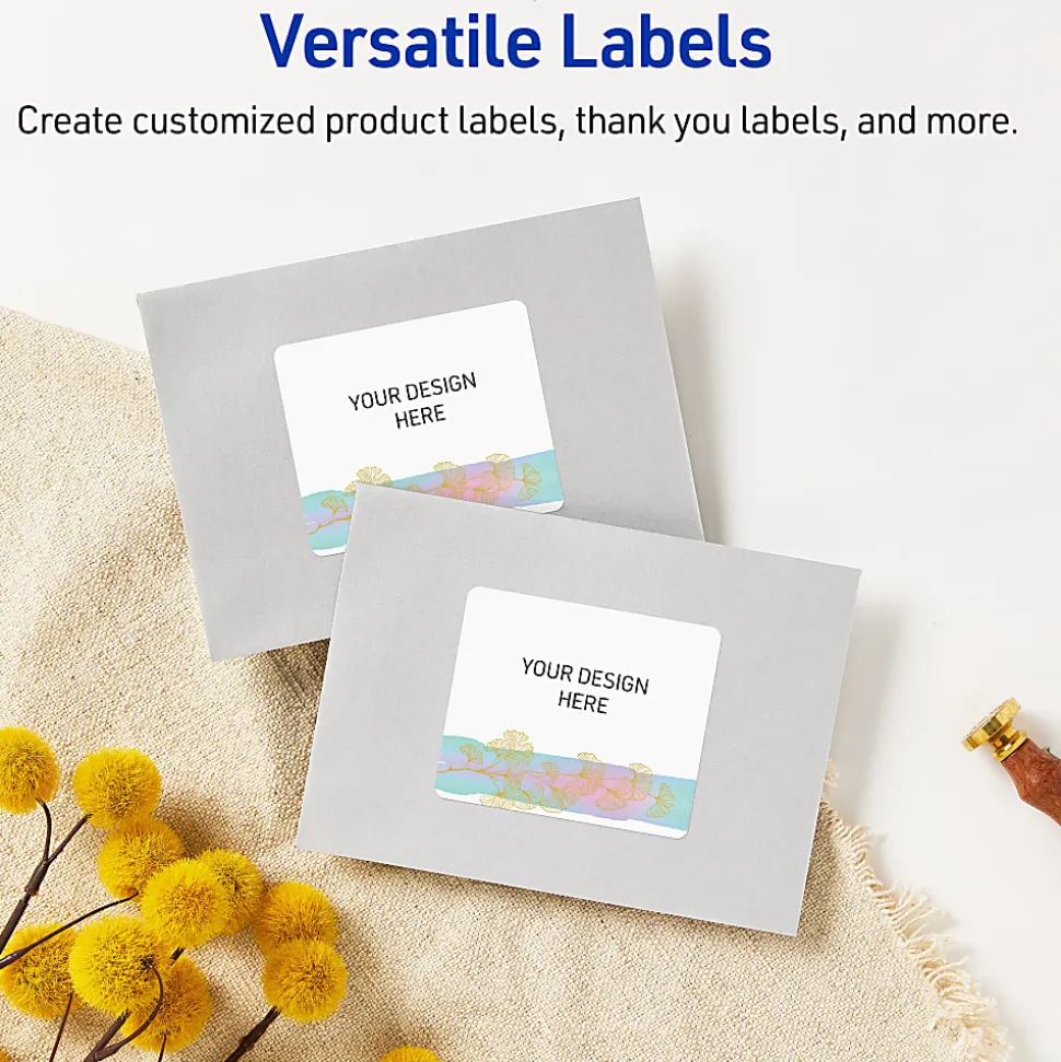 Avery® Printable Labels With Sure Feed® Technology, S00-EVD, 4" x 3-1/3", Glossy White With Preprinted Watercolor/Gold Leaf Design, Pack Of 40