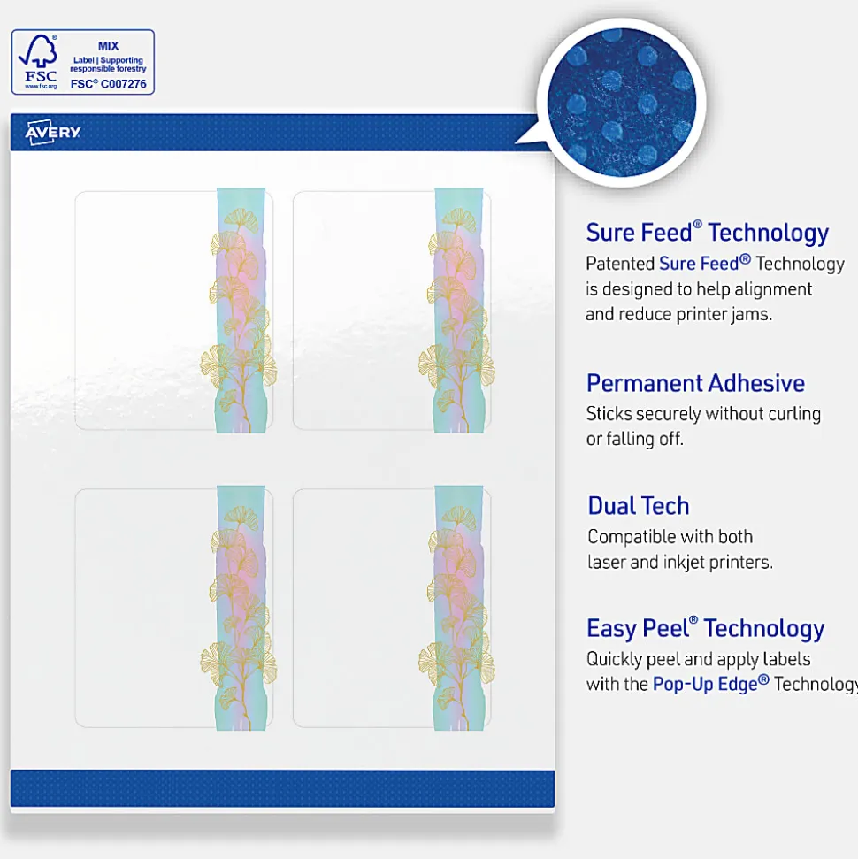 Avery® Printable Labels With Sure Feed® Technology, S00-EVD, 4" x 3-1/3", Glossy White With Preprinted Watercolor/Gold Leaf Design, Pack Of 40