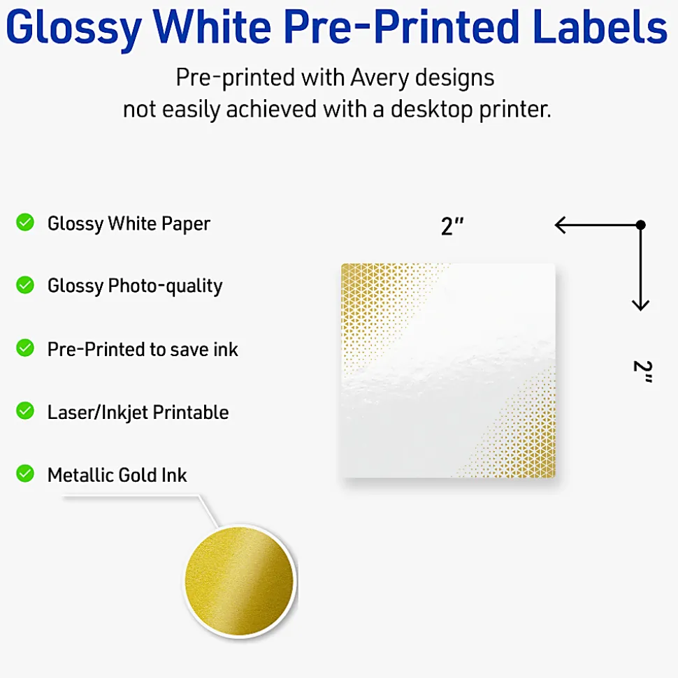 Avery® Printable Labels With Sure Feed® Technology, S00-EWA, Square, 2" x 2", Glossy White With Preprinted Gold-Blush Pattern, Pack Of 120