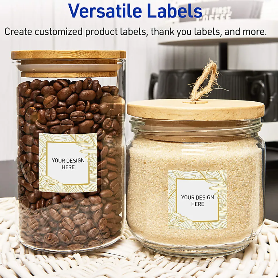 Avery® Printable Labels With Sure Feed® Technology, S00-EW7, Square, 3" x 3", Matte White With Preprinted Gold Leaf Pattern, Pack Of 60
