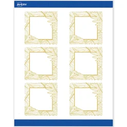 Avery® Printable Labels With Sure Feed® Technology, S00-EW7, Square, 3" x 3", Matte White With Preprinted Gold Leaf Pattern, Pack Of 60