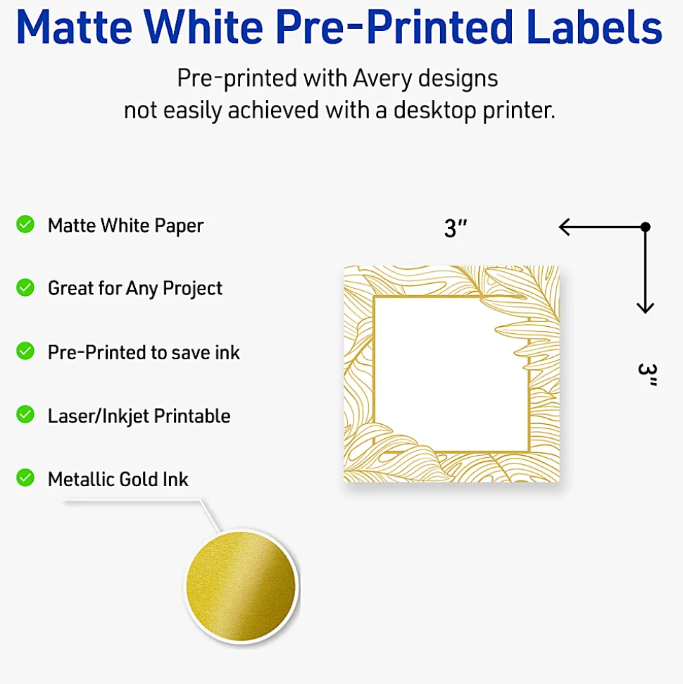 Avery® Printable Labels With Sure Feed® Technology, S00-EW7, Square, 3" x 3", Matte White With Preprinted Gold Leaf Pattern, Pack Of 60
