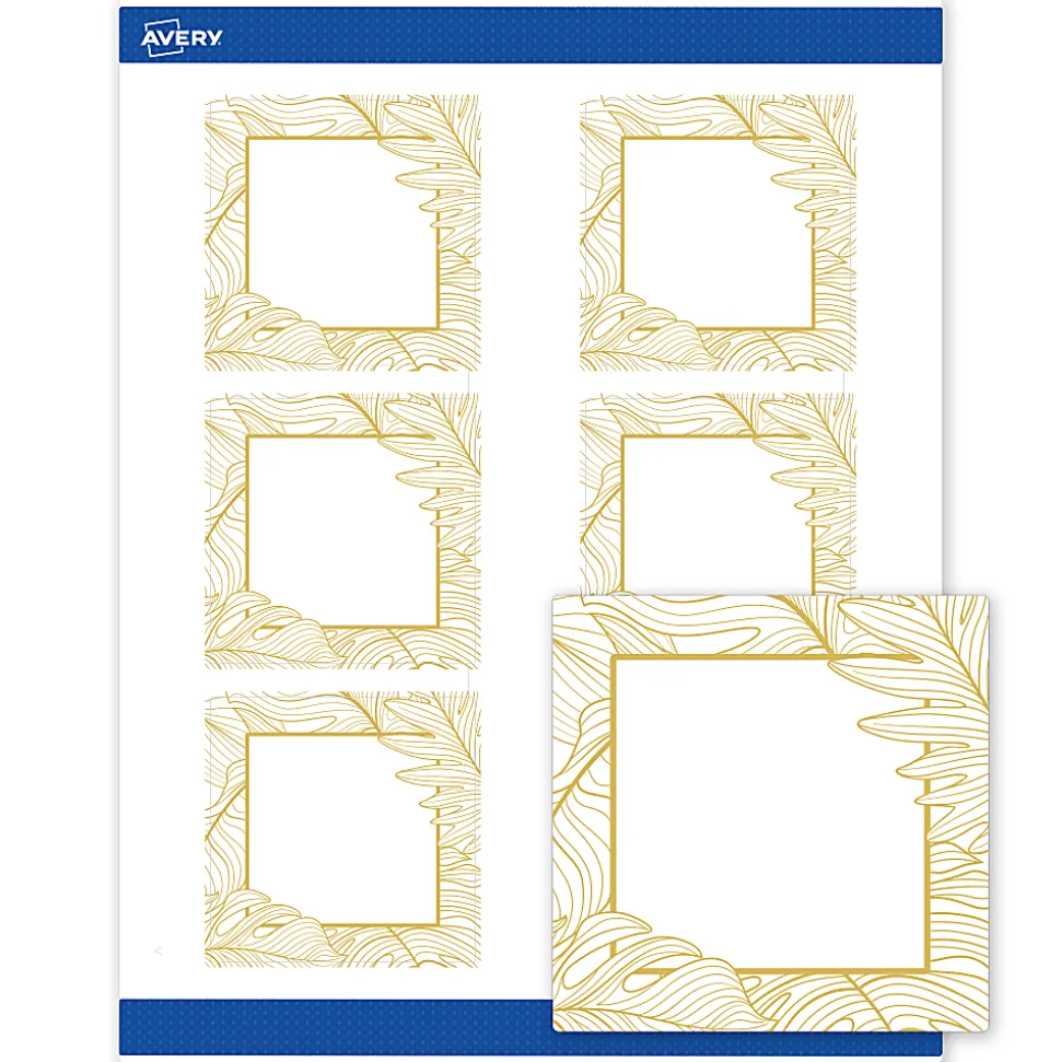 Avery® Printable Labels With Sure Feed® Technology, S00-EW7, Square, 3" x 3", Matte White With Preprinted Gold Leaf Pattern, Pack Of 60