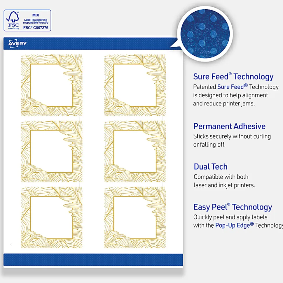 Avery® Printable Labels With Sure Feed® Technology, S00-EW7, Square, 3" x 3", Matte White With Preprinted Gold Leaf Pattern, Pack Of 60