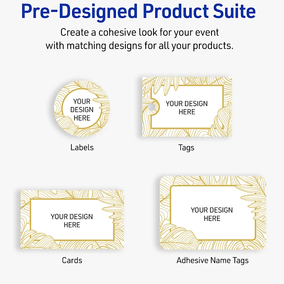 Avery® Printable Labels With Sure Feed® Technology, S00-EW7, Square, 3" x 3", Matte White With Preprinted Gold Leaf Pattern, Pack Of 60