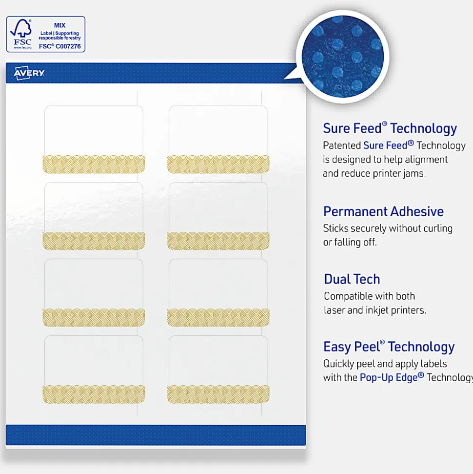 Avery® Printable Labels With Sure Feed® Technology, S00-EWV, Rectangle, 2" x 3", Glossy White With Preprinted Gold Lace Trim Pattern, Pack Of 80