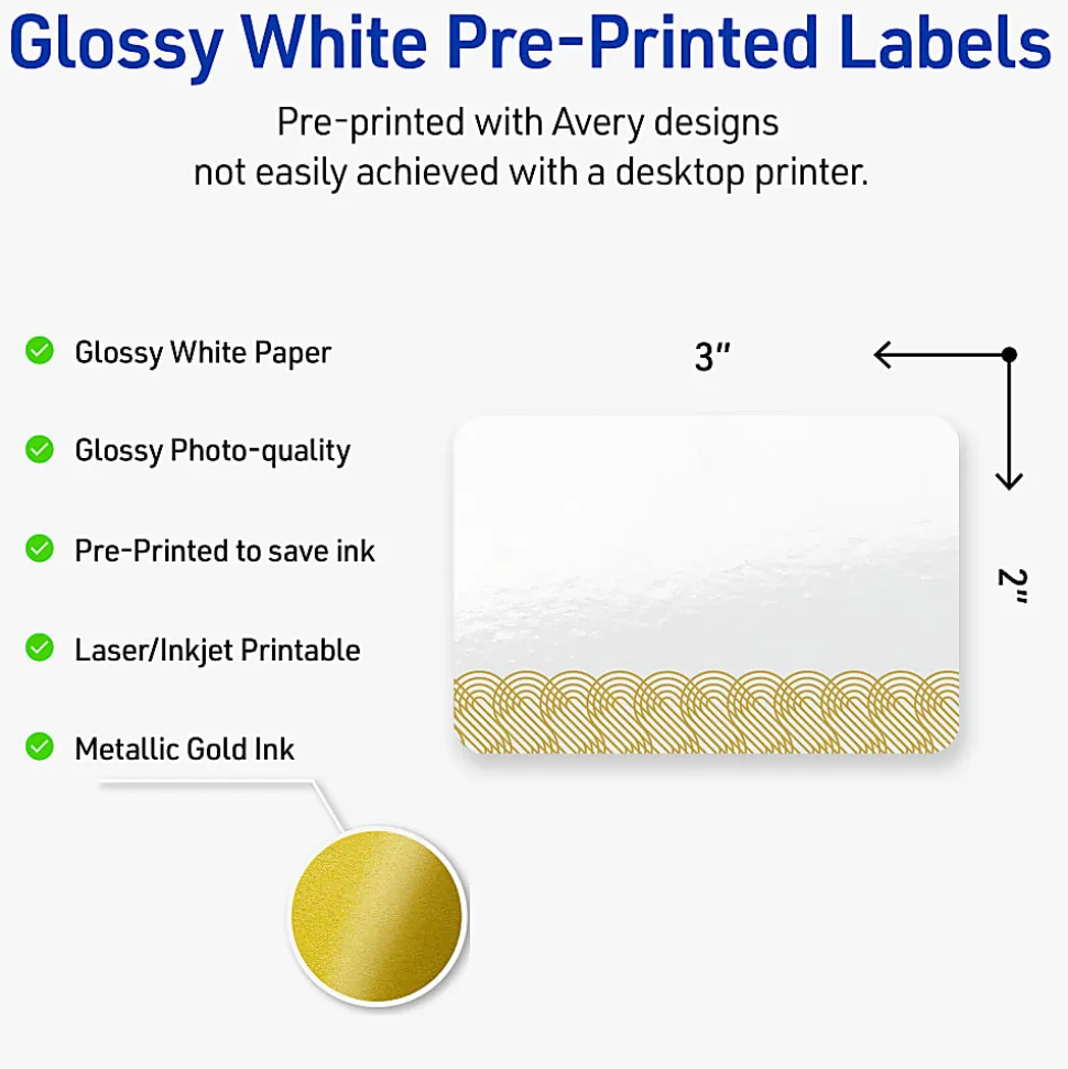 Avery® Printable Labels With Sure Feed® Technology, S00-EWV, Rectangle, 2" x 3", Glossy White With Preprinted Gold Lace Trim Pattern, Pack Of 80