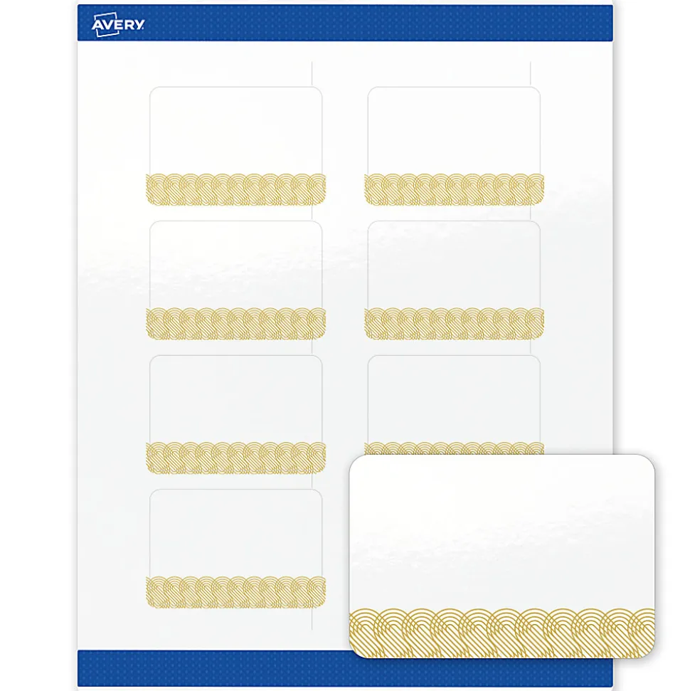 Avery® Printable Labels With Sure Feed® Technology, S00-EWV, Rectangle, 2" x 3", Glossy White With Preprinted Gold Lace Trim Pattern, Pack Of 80