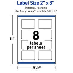 Avery® Printable Labels With Sure Feed® Technology, S00-ETZ, Rectangle, 2" x 3", Glossy White With Preprinted Blue Waves Design, Pack Of 80