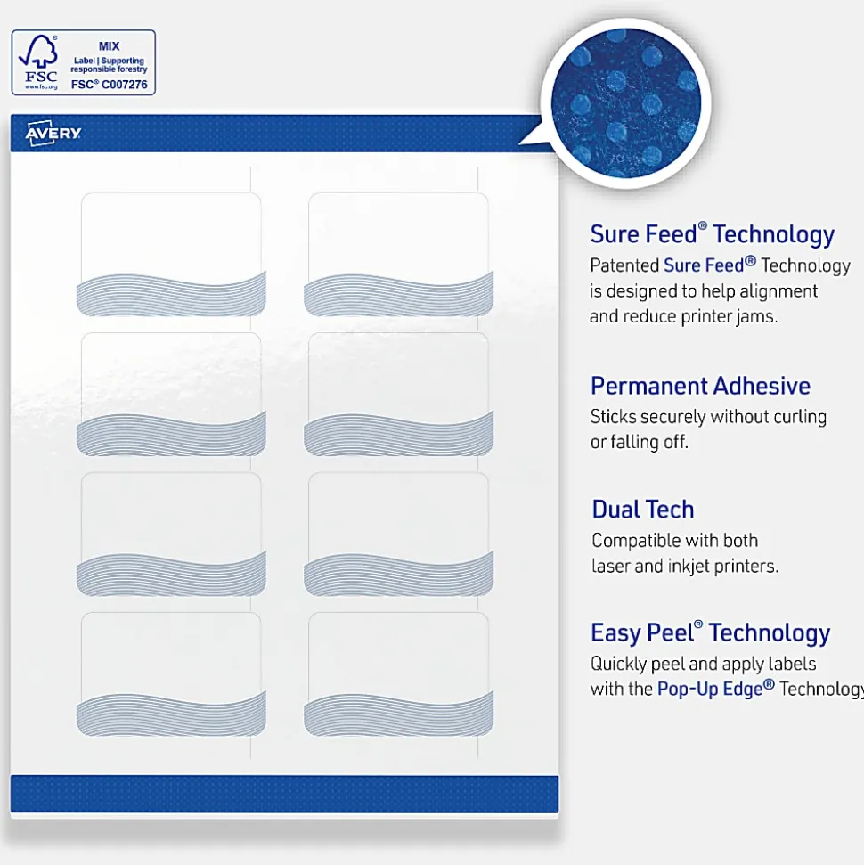 Avery® Printable Labels With Sure Feed® Technology, S00-ETZ, Rectangle, 2" x 3", Glossy White With Preprinted Blue Waves Design, Pack Of 80
