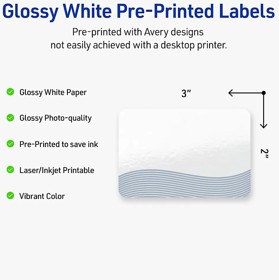 Avery® Printable Labels With Sure Feed® Technology, S00-ETZ, Rectangle, 2" x 3", Glossy White With Preprinted Blue Waves Design, Pack Of 80
