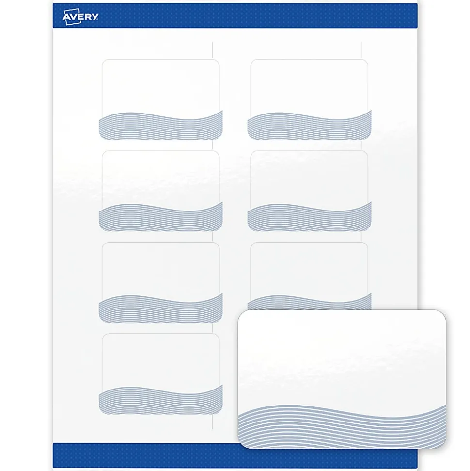 Avery® Printable Labels With Sure Feed® Technology, S00-ETZ, Rectangle, 2" x 3", Glossy White With Preprinted Blue Waves Design, Pack Of 80
