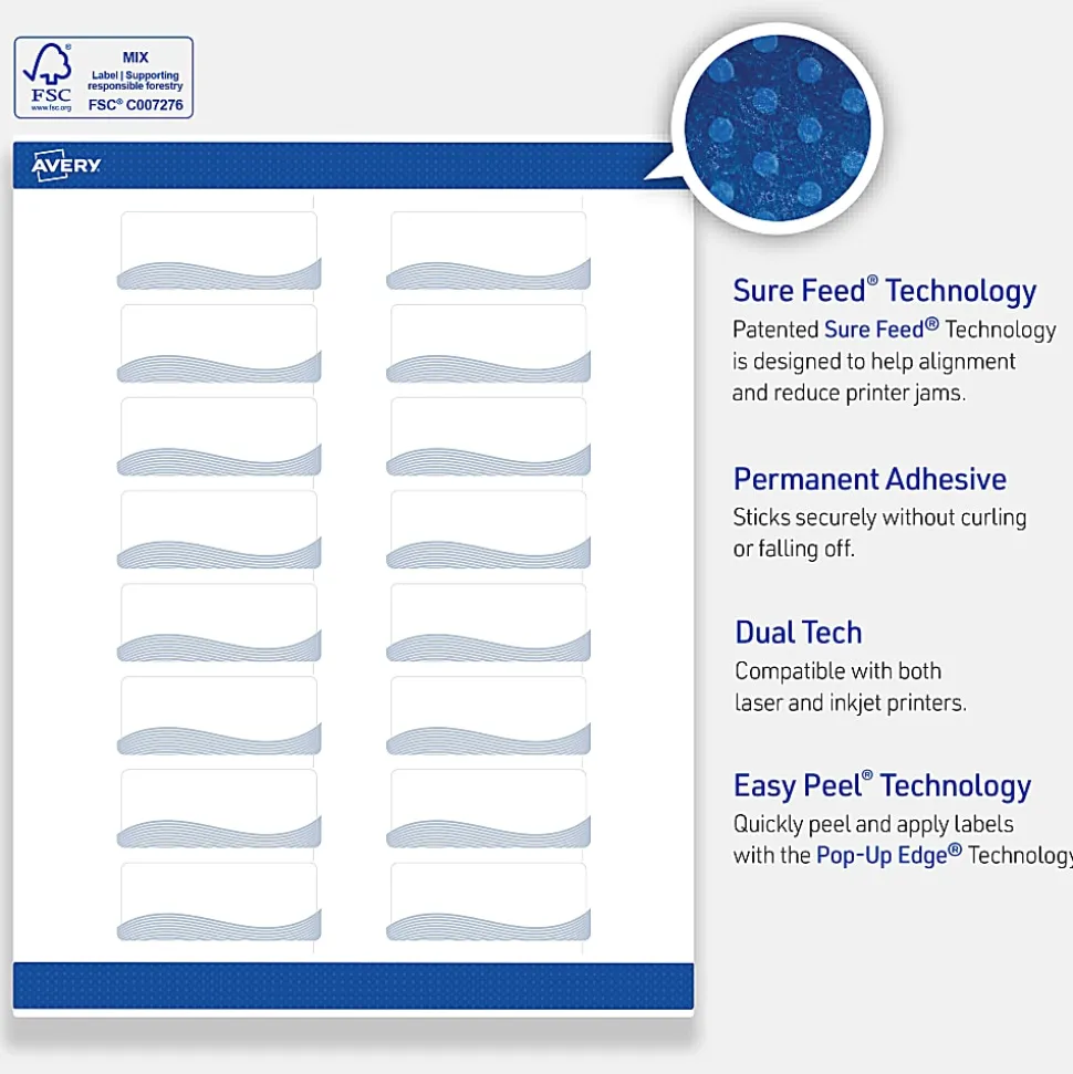 Avery® Printable Labels With Sure Feed® Technology, S00-EVW, Rectangle, 4" x 3-1/3", Matte White With Preprinted Gold Leaf Pattern, Pack Of 40