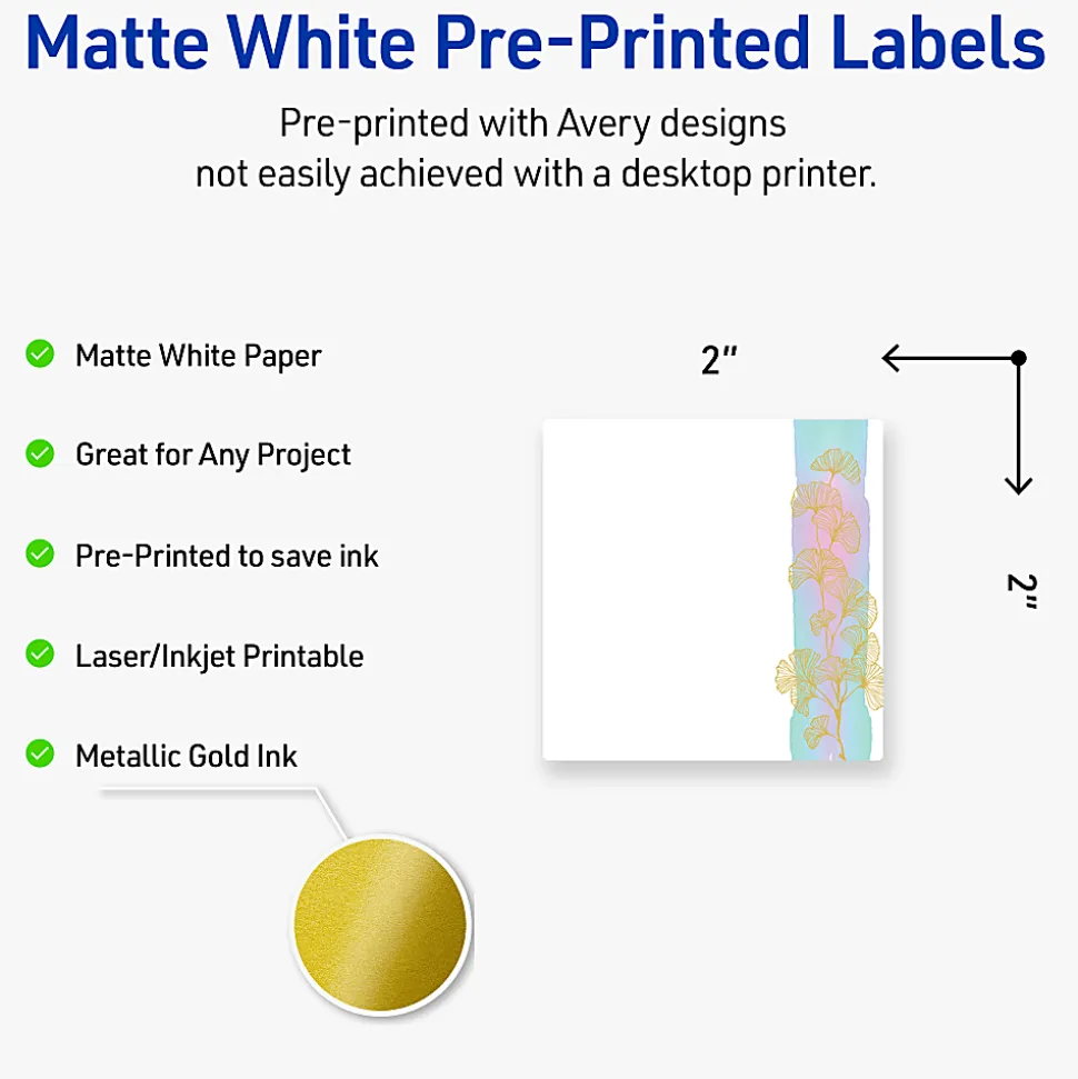 Avery® Printable Labels With Sure Feed® Technology, S00-EVV, Rectangle, 1" x 2-5/8", Glossy White With Preprinted Gold Leaf Pattern, Pack Of 160