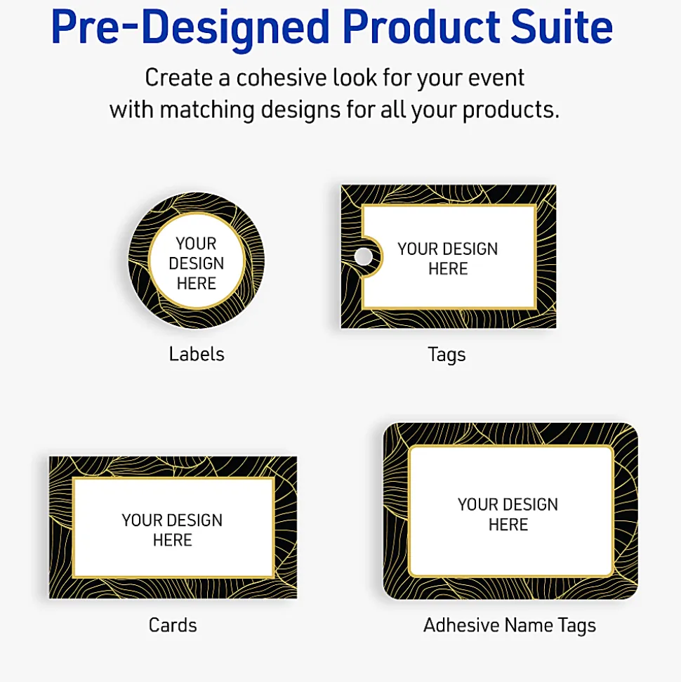 Avery® Printable Labels With Sure Feed® Technology, S00-EVX, Rectangle, 2" x 3", Glossy White With Preprinted Gold Leaf Pattern, Pack Of 80