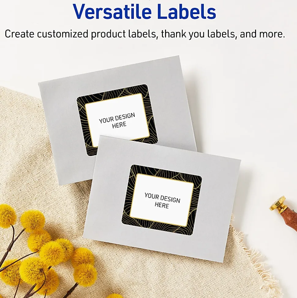 Avery® Printable Labels With Sure Feed® Technology, S00-EVX, Rectangle, 2" x 3", Glossy White With Preprinted Gold Leaf Pattern, Pack Of 80