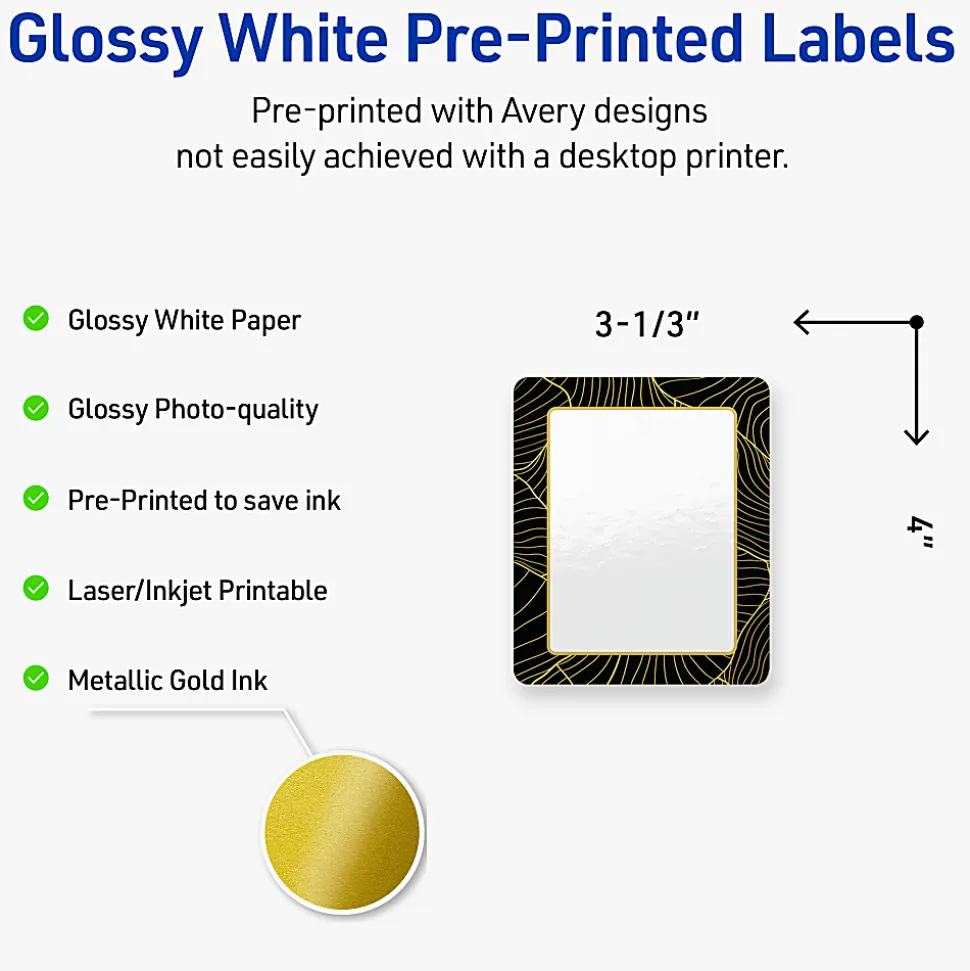 Avery® Printable Labels With Sure Feed® Technology, S00-EVX, Rectangle, 2" x 3", Glossy White With Preprinted Gold Leaf Pattern, Pack Of 80