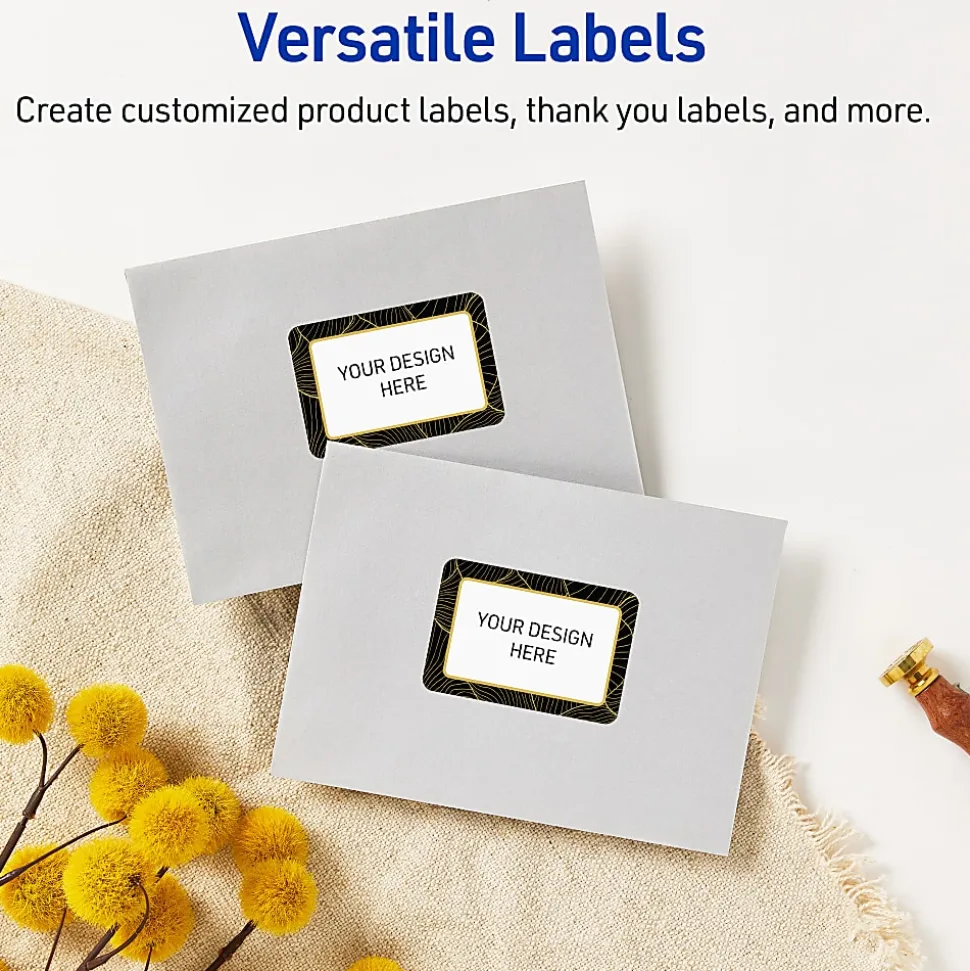 Avery® Printable Labels With Sure Feed® Technology, S00-ETH, Rectangle, 2" x 3", Glossy White With Preprinted Black/Gold Vein Border, Pack Of 80