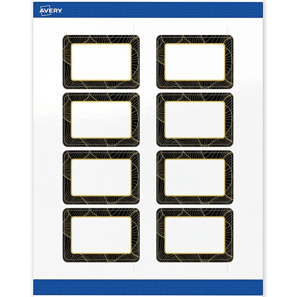 Avery® Printable Labels With Sure Feed® Technology, S00-ETH, Rectangle, 2" x 3", Glossy White With Preprinted Black/Gold Vein Border, Pack Of 80