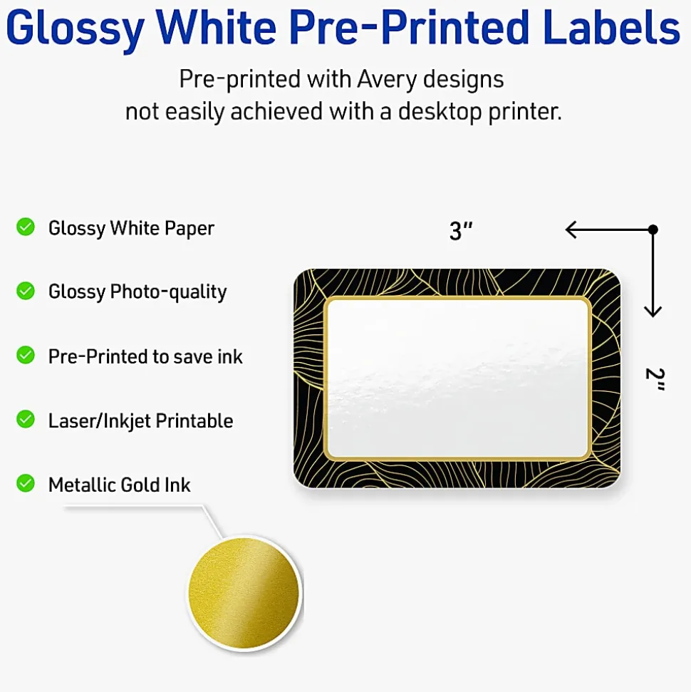 Avery® Printable Labels With Sure Feed® Technology, S00-ETH, Rectangle, 2" x 3", Glossy White With Preprinted Black/Gold Vein Border, Pack Of 80