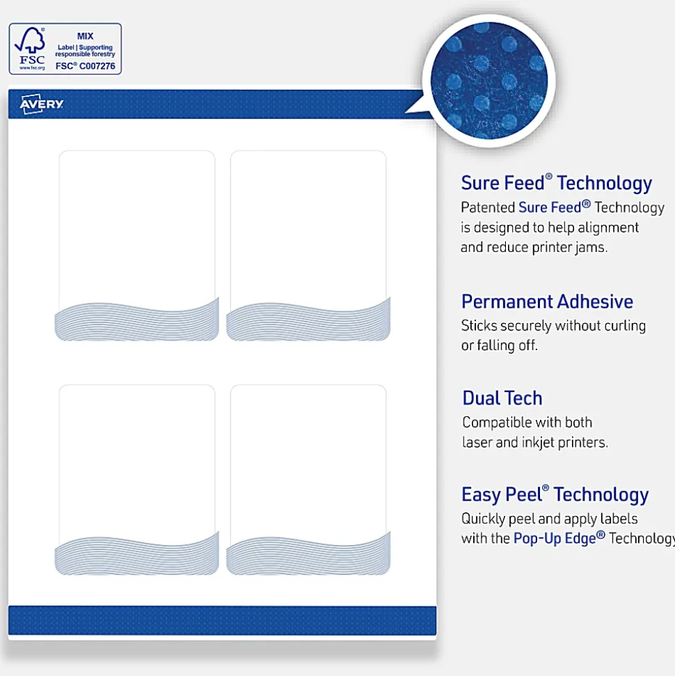 Avery® Printable Labels With Sure Feed® Technology, S00-ETY, Rectangle, 4" x 3-1/3", Matte White With Preprinted Blue Waves Design, Pack Of 40