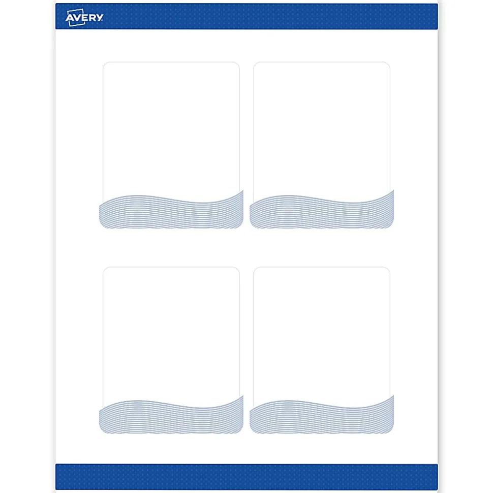 Avery® Printable Labels With Sure Feed® Technology, S00-ETY, Rectangle, 4" x 3-1/3", Matte White With Preprinted Blue Waves Design, Pack Of 40