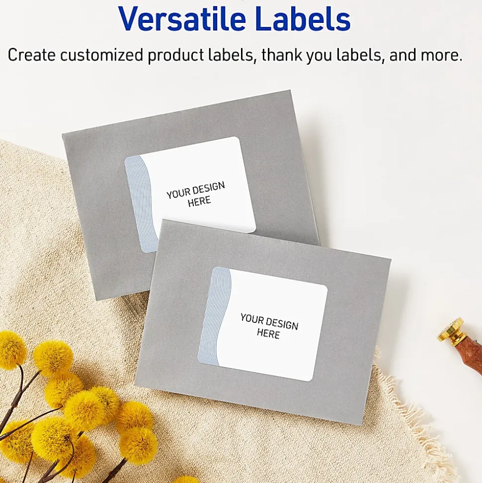 Avery® Printable Labels With Sure Feed® Technology, S00-ETY, Rectangle, 4" x 3-1/3", Matte White With Preprinted Blue Waves Design, Pack Of 40
