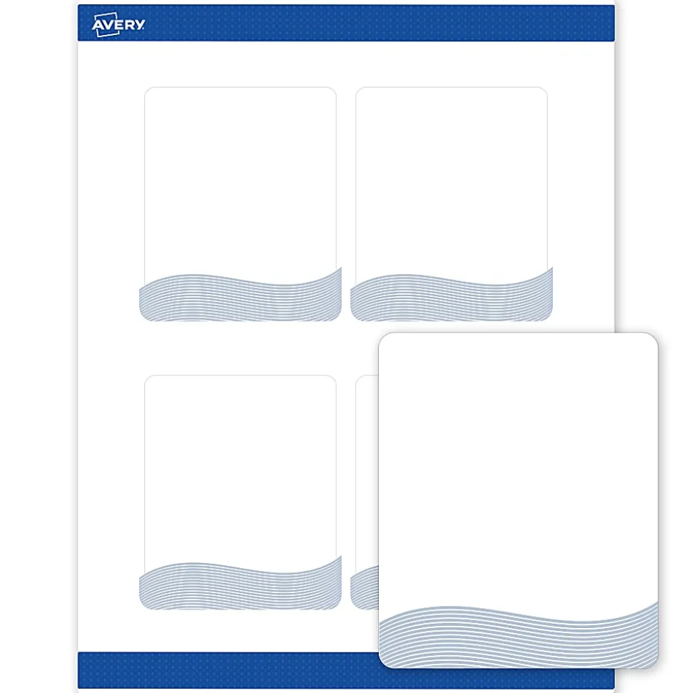 Avery® Printable Labels With Sure Feed® Technology, S00-ETY, Rectangle, 4" x 3-1/3", Matte White With Preprinted Blue Waves Design, Pack Of 40