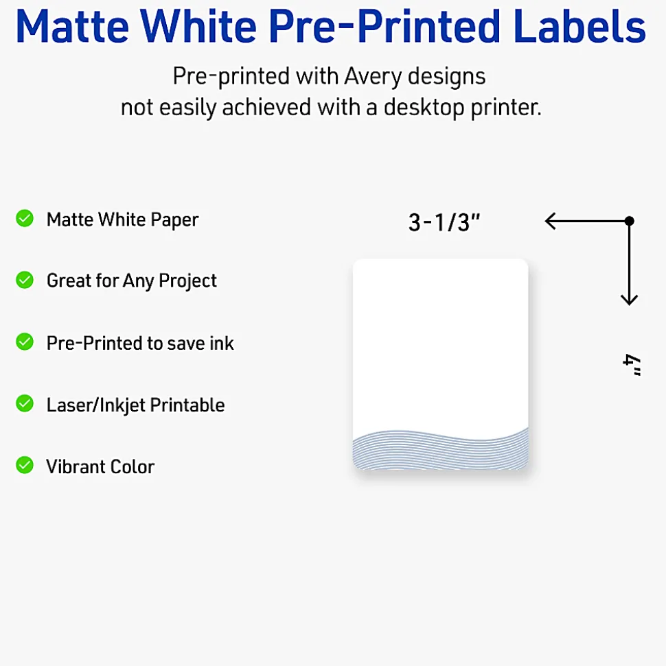 Avery® Printable Labels With Sure Feed® Technology, S00-ETY, Rectangle, 4" x 3-1/3", Matte White With Preprinted Blue Waves Design, Pack Of 40